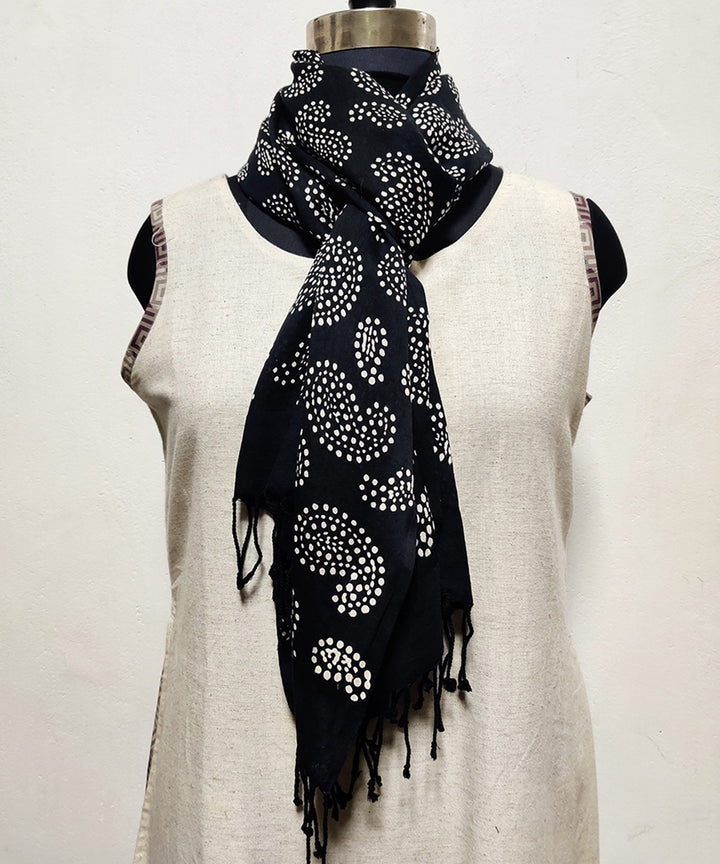 Black white paisley cotton silk handblock print stole