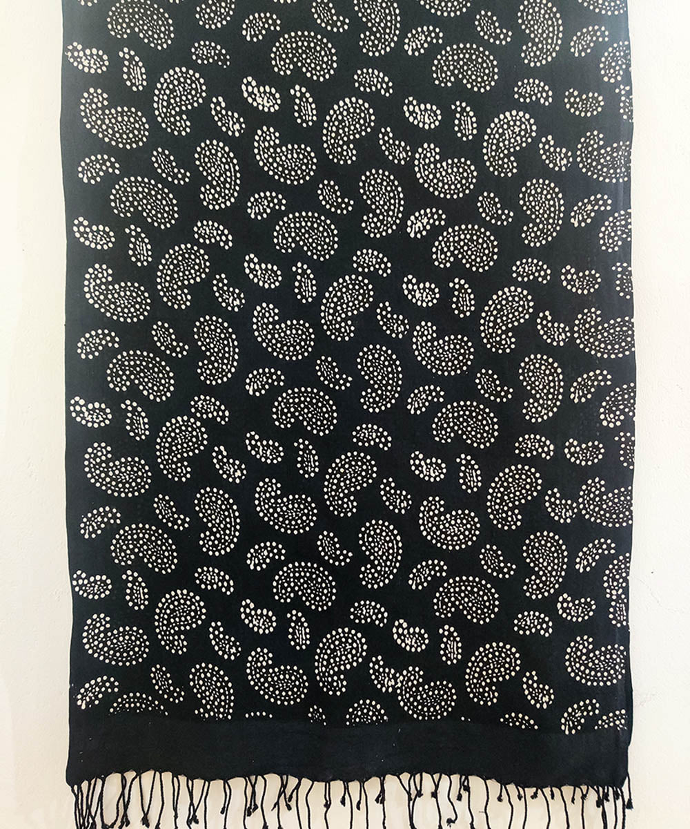 Black white paisley cotton silk handblock print stole