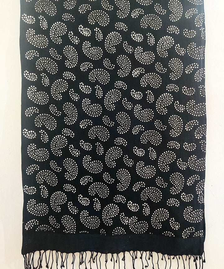Black white paisley cotton silk handblock print stole