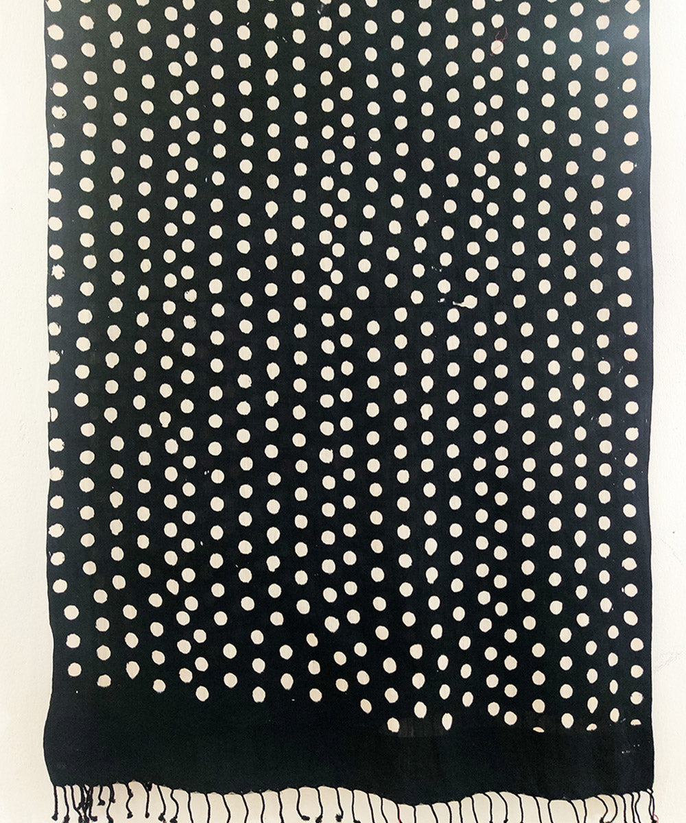 Black white polka dot cotton silk handblock print stole