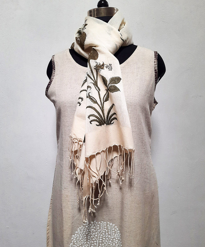 Beige cotton silk floral mughal butta block print stole