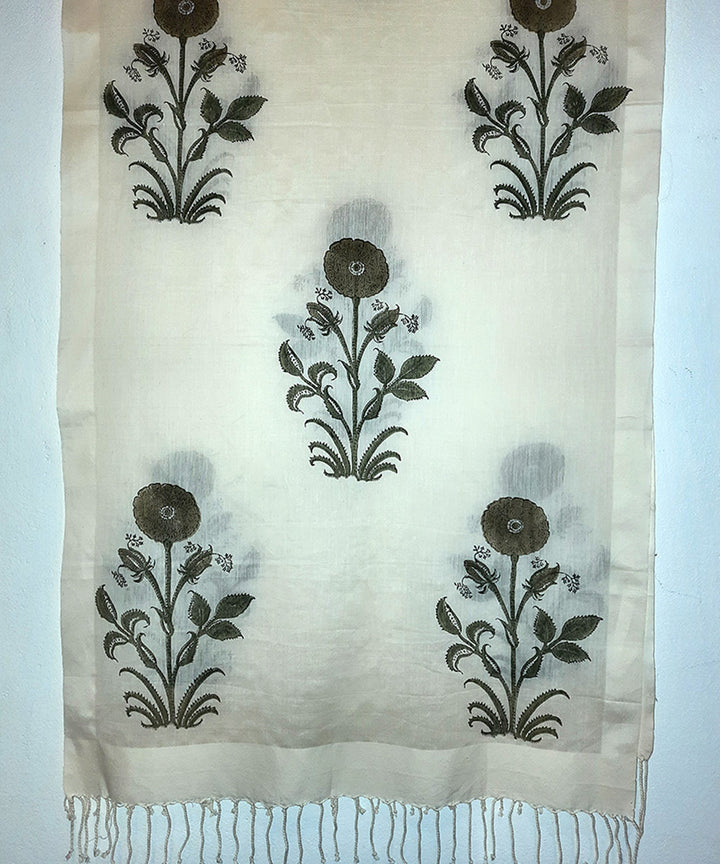 Beige cotton silk floral mughal butta block print stole
