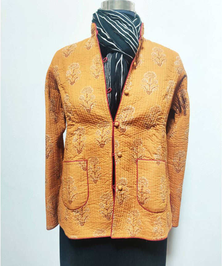 Orange and maroon block printed reversible jacket with cotton quilting