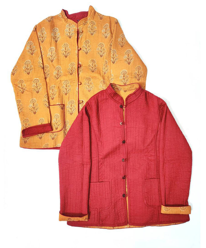 Orange and maroon block printed reversible jacket with cotton quilting