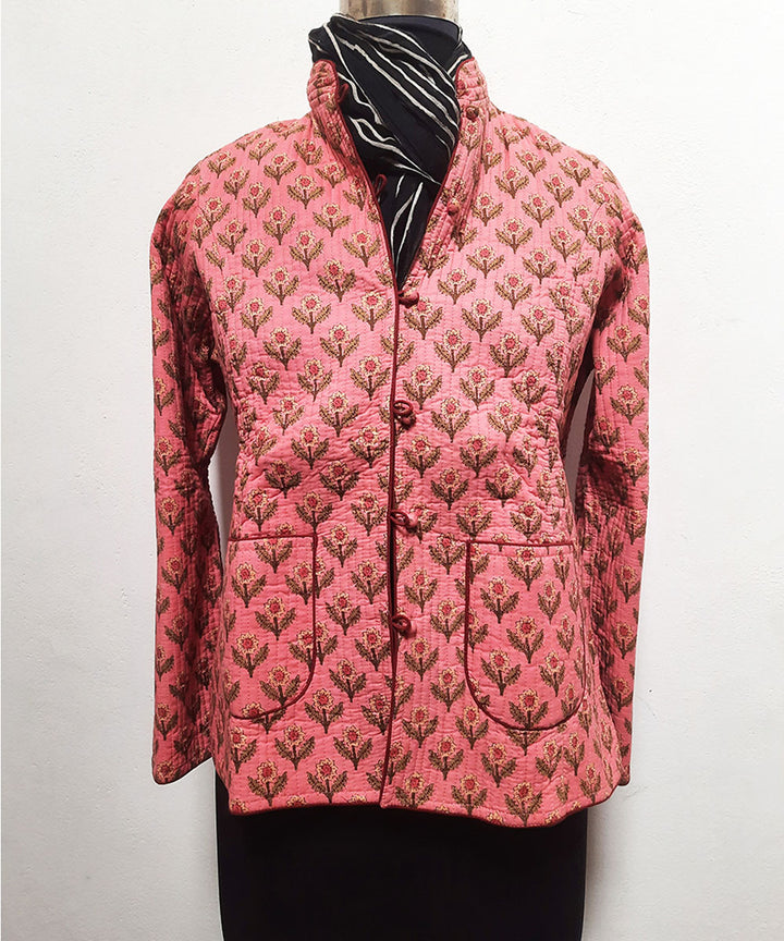 Pink and maroon block printed reversible jacket with cotton quilting