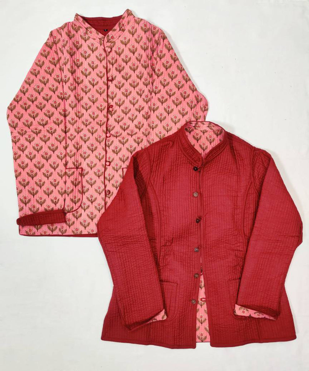 Pink and maroon block printed reversible jacket with cotton quilting