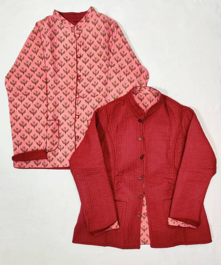 Pink and maroon block printed reversible jacket with cotton quilting