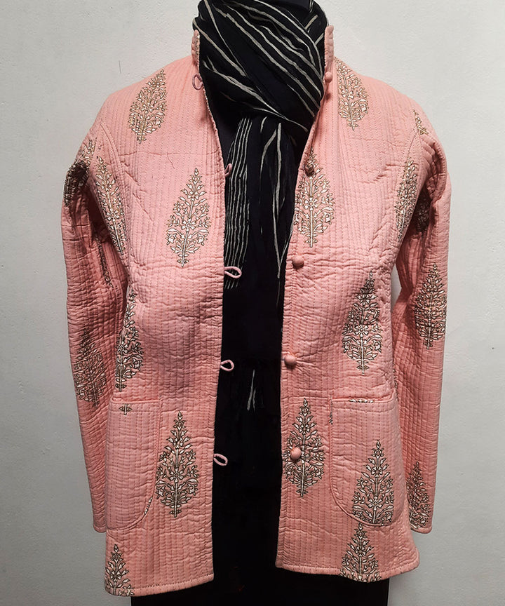 Pink and black block printed reversible jacket with cotton quilting