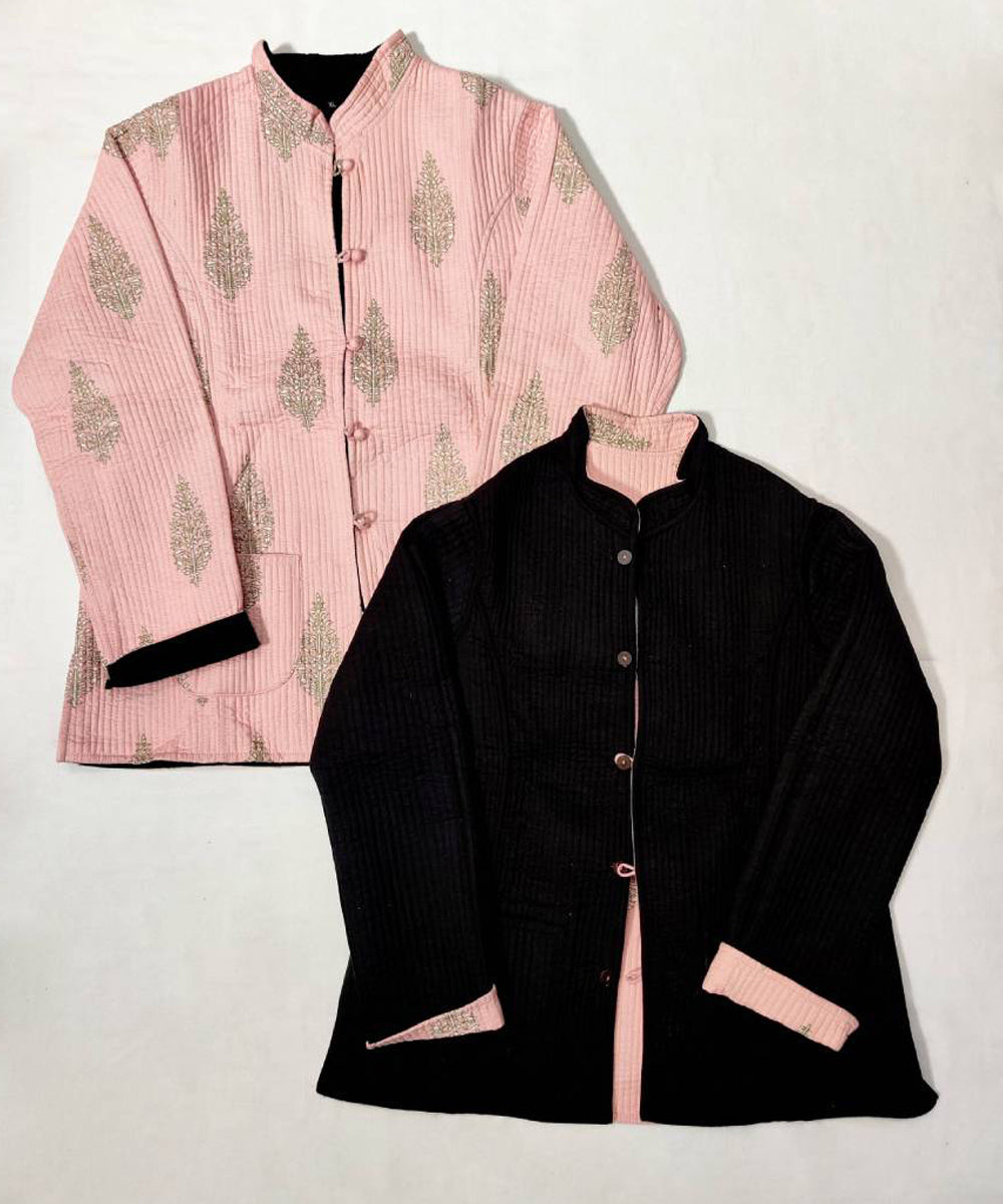 Pink and black block printed reversible jacket with cotton quilting