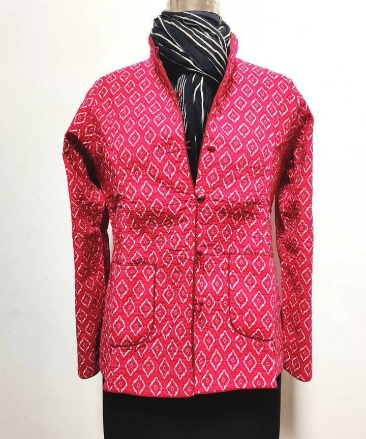 Pink and maroon block print reversible jacket with cotton quilting