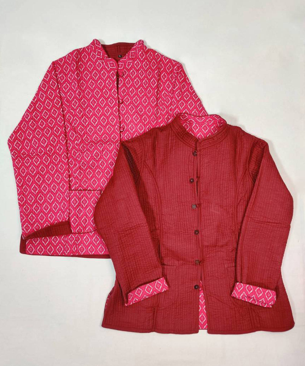 Pink and maroon block print reversible jacket with cotton quilting