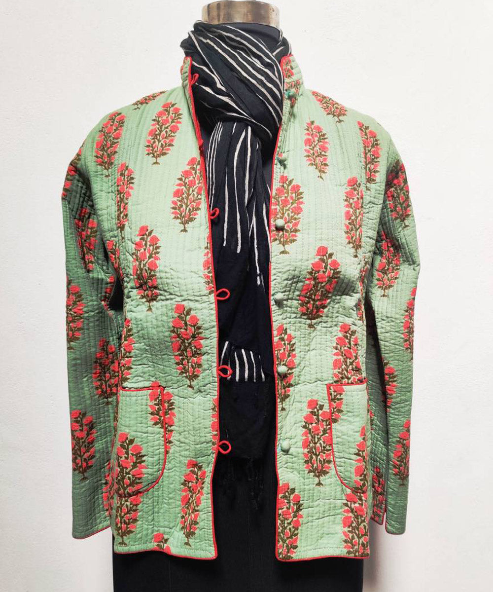 Light green and red block print reversible jacket with cotton quilting