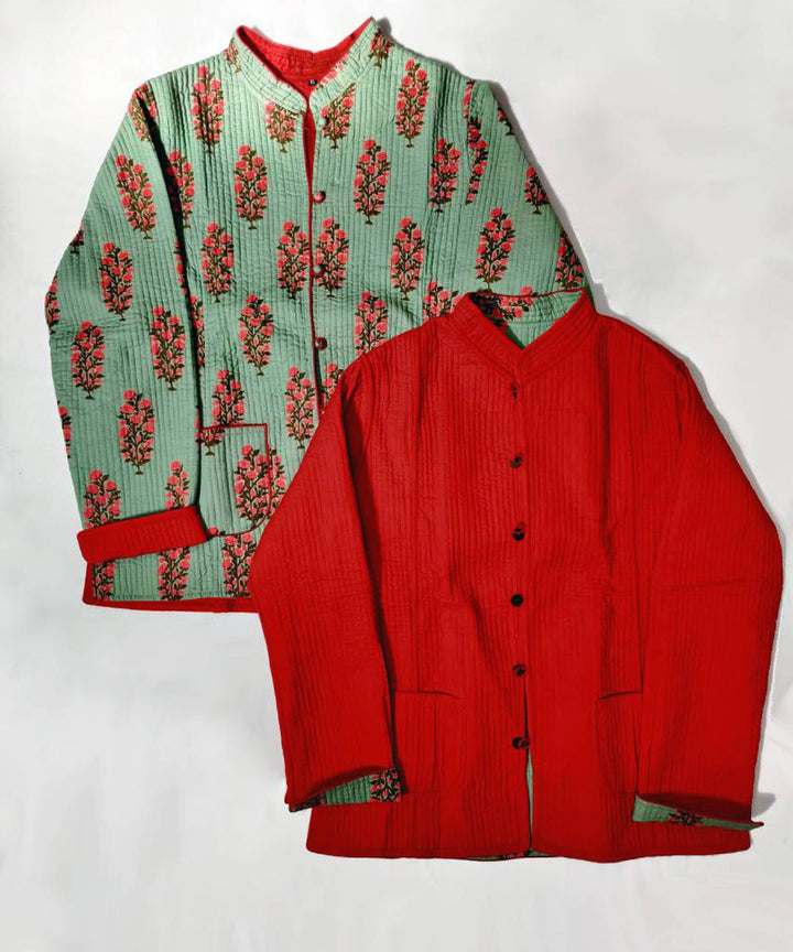 Light green and red block print reversible jacket with cotton quilting