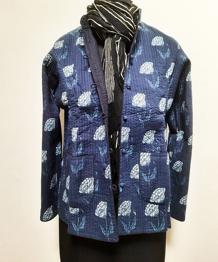 Midnight blue block printed reversible jacket with cotton quilting