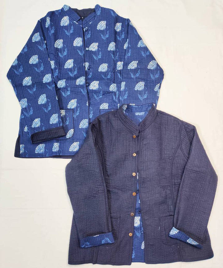 Midnight blue block printed reversible jacket with cotton quilting