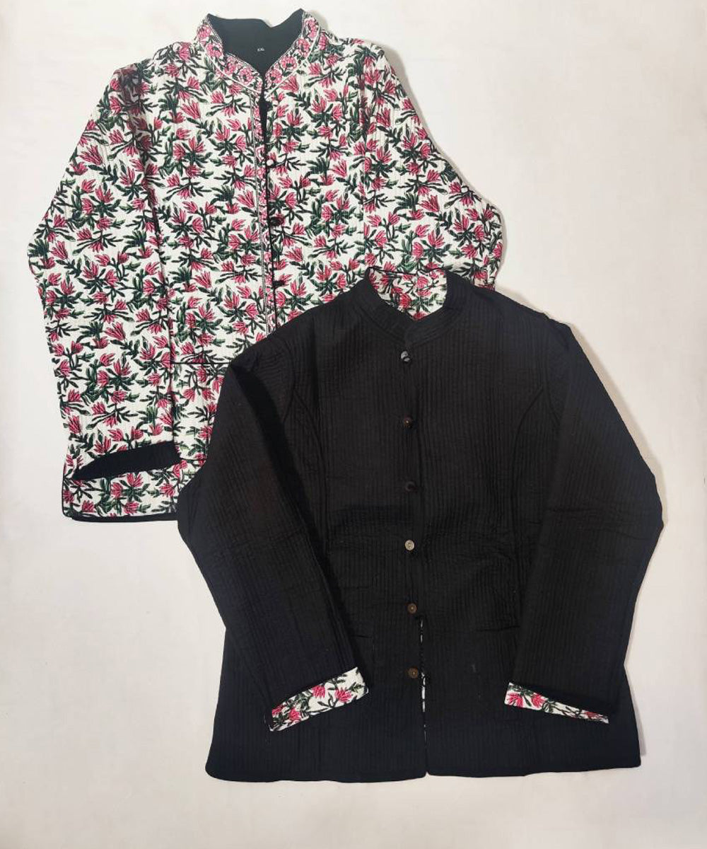 Black and white block printed reversible jacket with cotton quilting