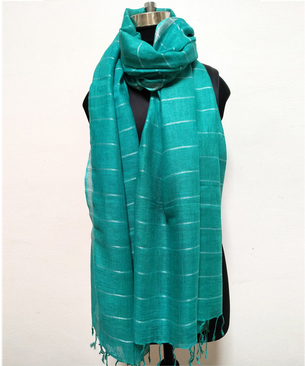 Turquoise silver zari handwoven linen stole