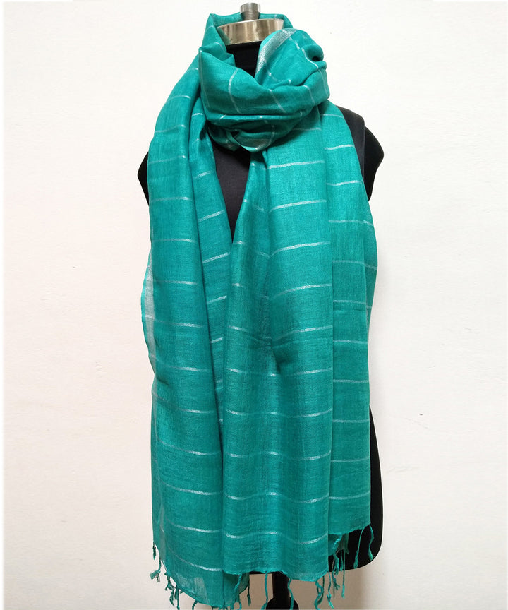Turquoise silver zari handwoven linen stole