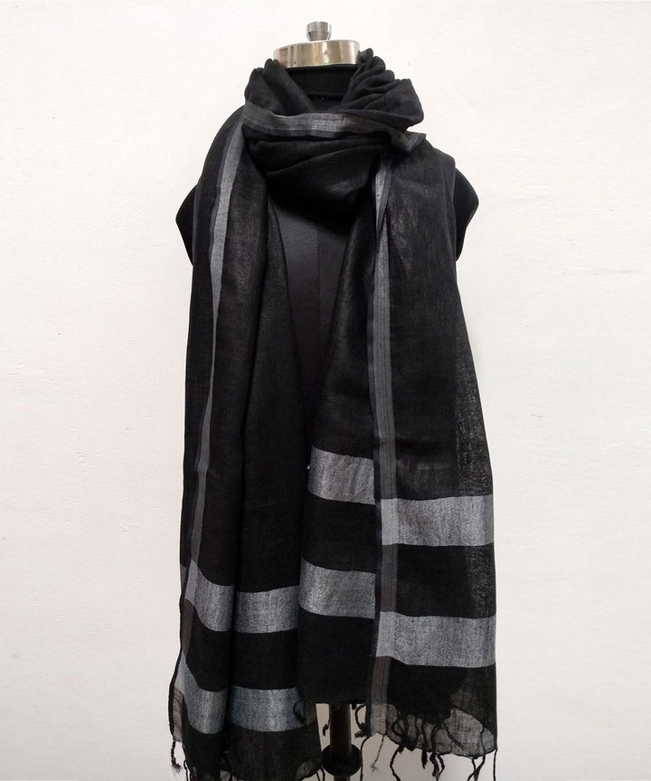 Black silver zari hand woven linen stole