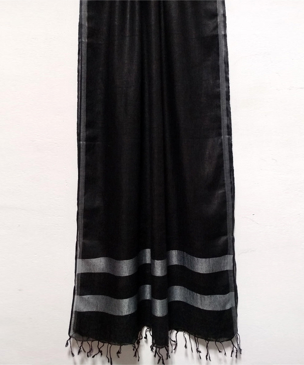 Black silver zari hand woven linen stole