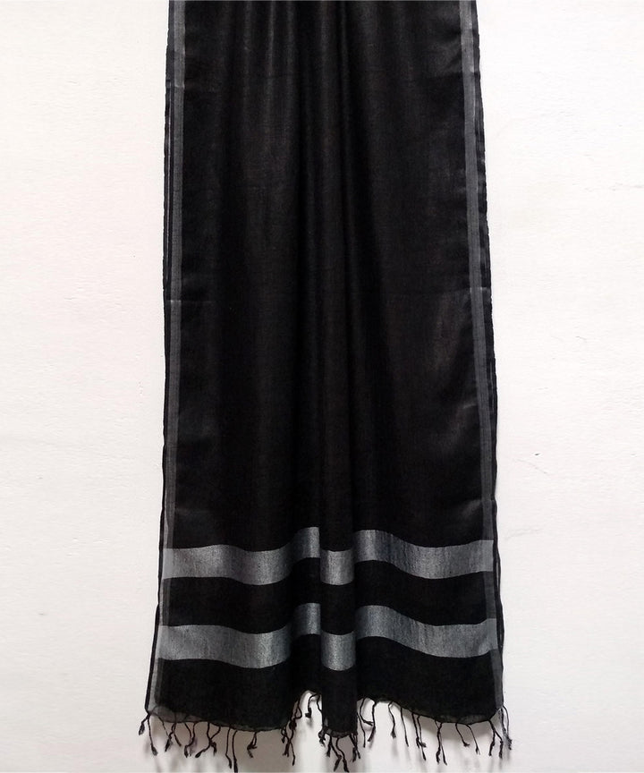 Black silver zari hand woven linen stole