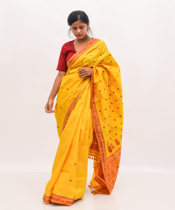 Purbashree yellow and maroon handwoven mulberry silk assam saree