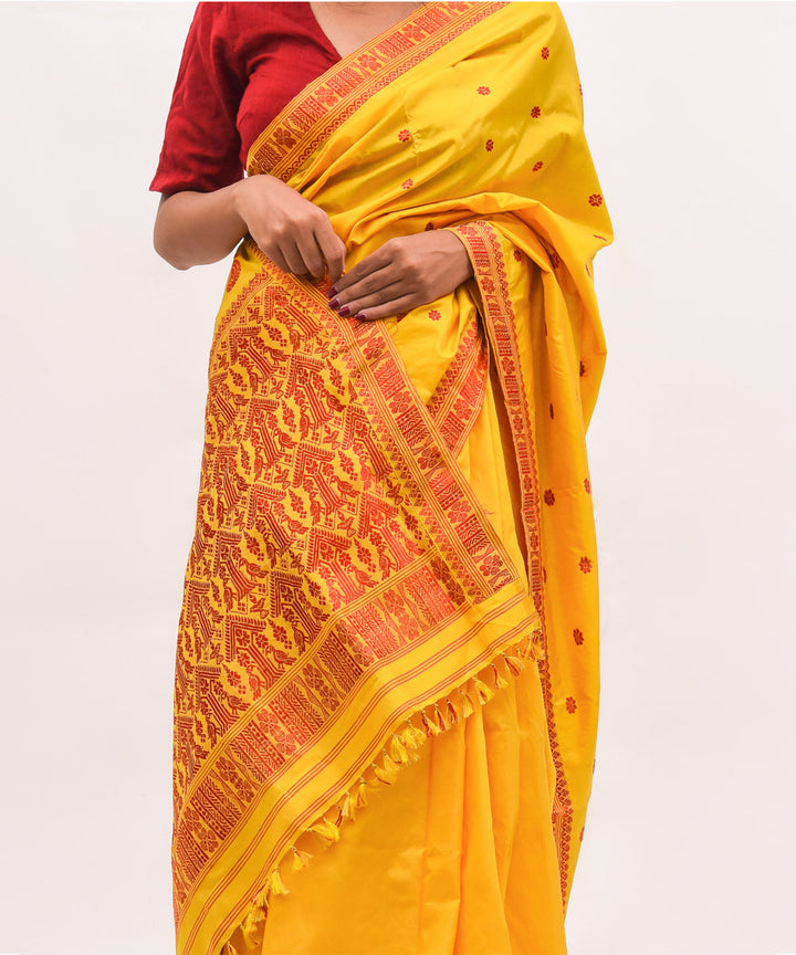 Purbashree yellow and maroon handwoven mulberry silk assam saree