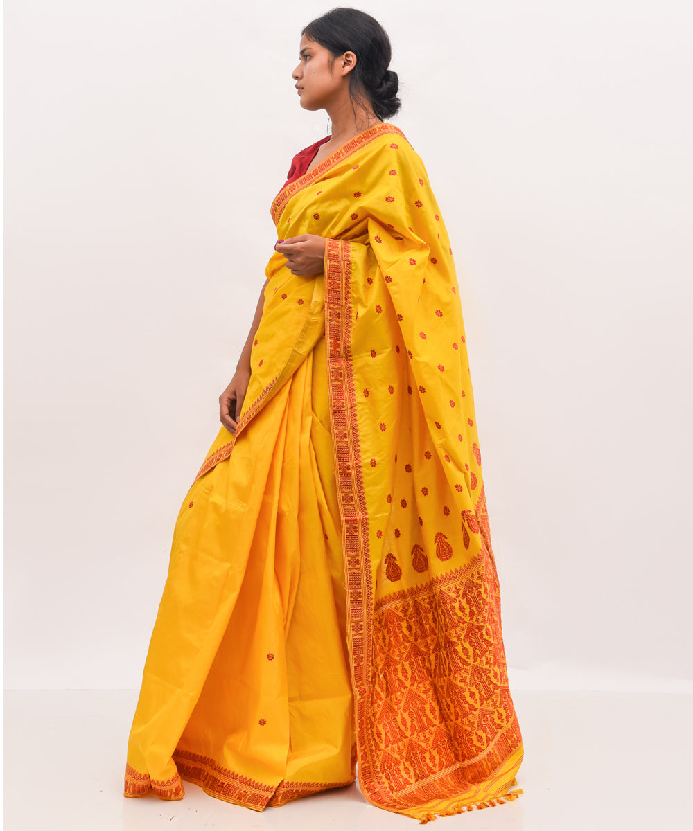 Purbashree yellow and maroon handwoven mulberry silk assam saree