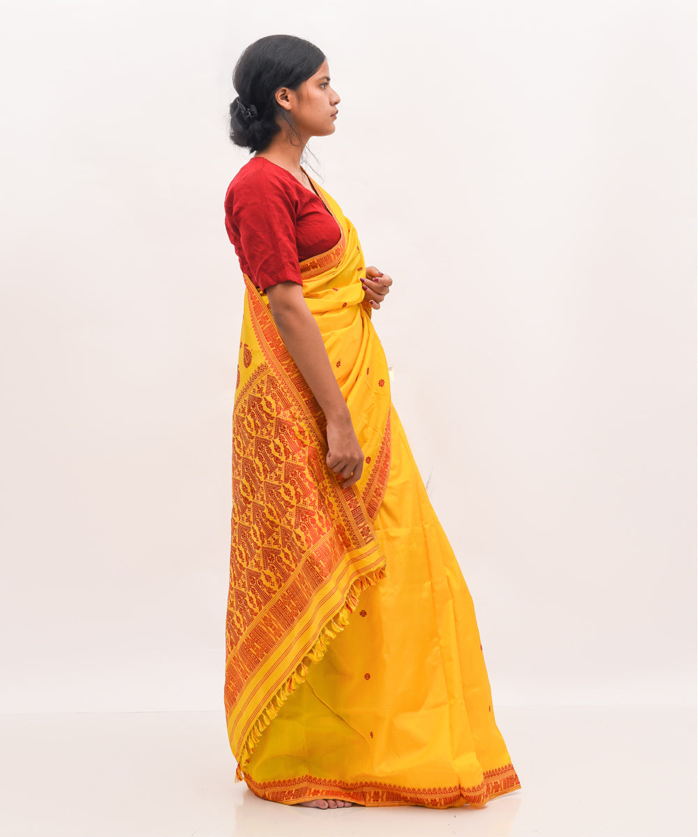 Purbashree yellow and maroon handwoven mulberry silk assam saree