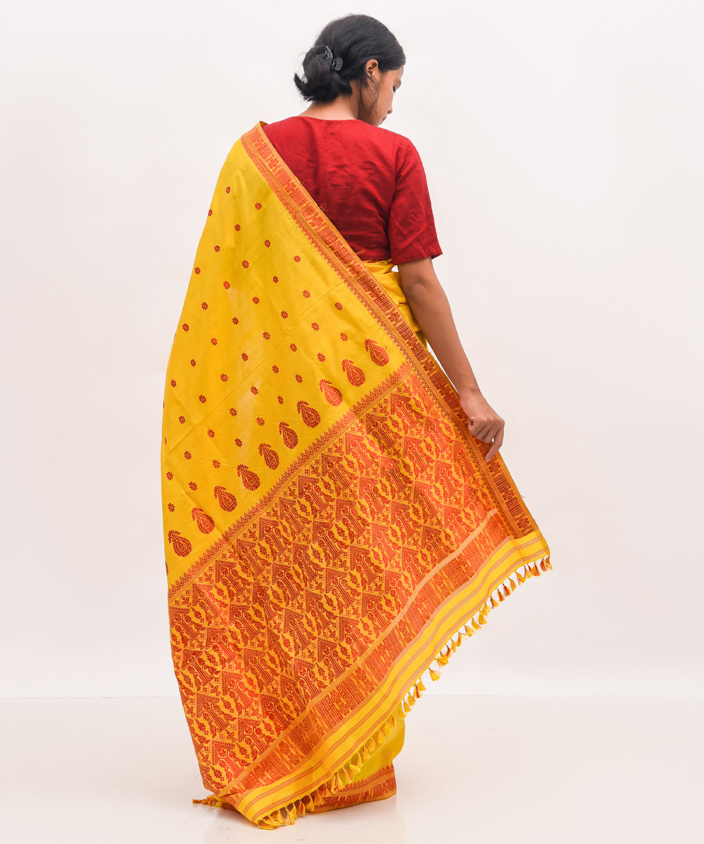 Purbashree yellow and maroon handwoven mulberry silk assam saree