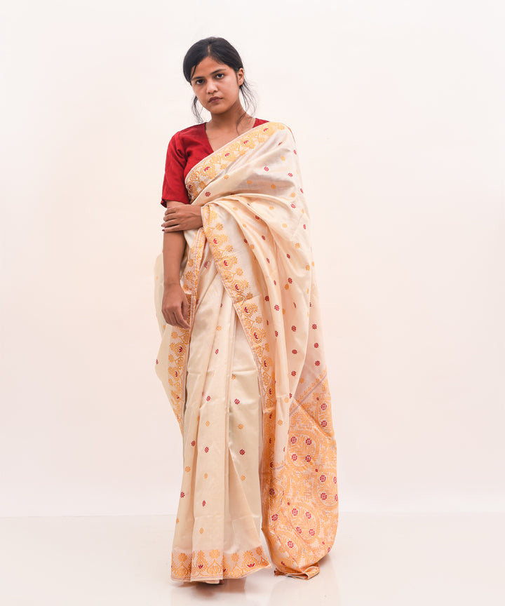 Purbashree beige and yellow handwoven mulberry silk assam saree