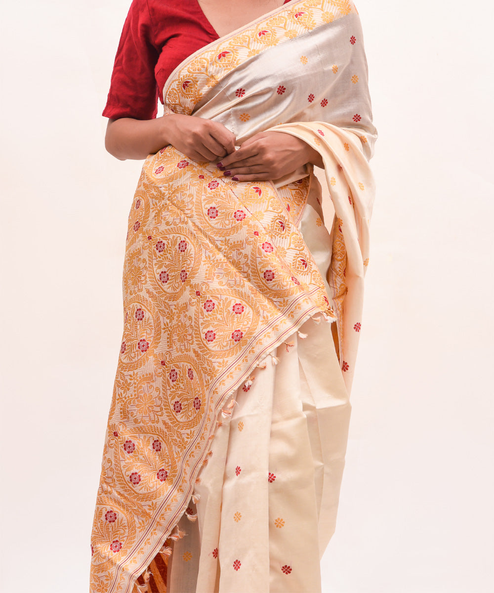Purbashree beige and yellow handwoven mulberry silk assam saree
