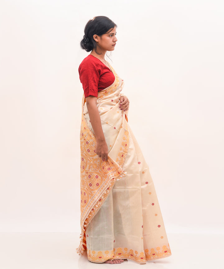 Purbashree beige and yellow handwoven mulberry silk assam saree
