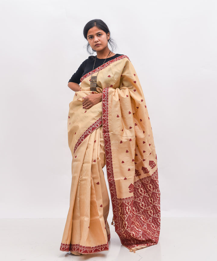 Purbashree beige and maroon handloom tussar muga silk assam saree