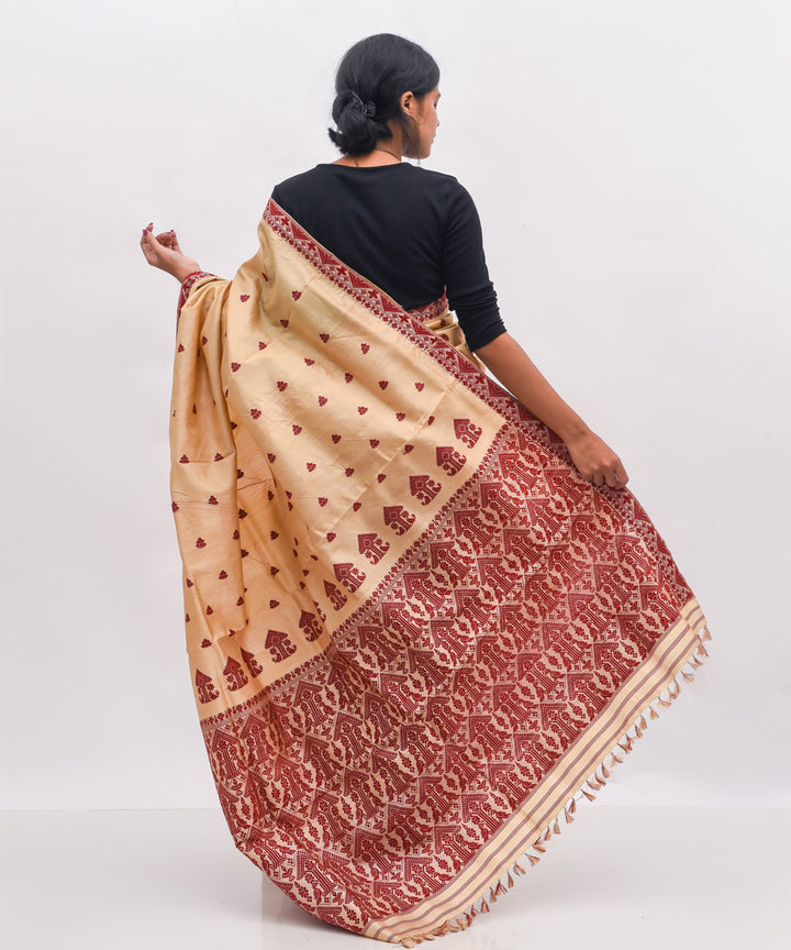 Purbashree beige and maroon handloom tussar muga silk assam saree