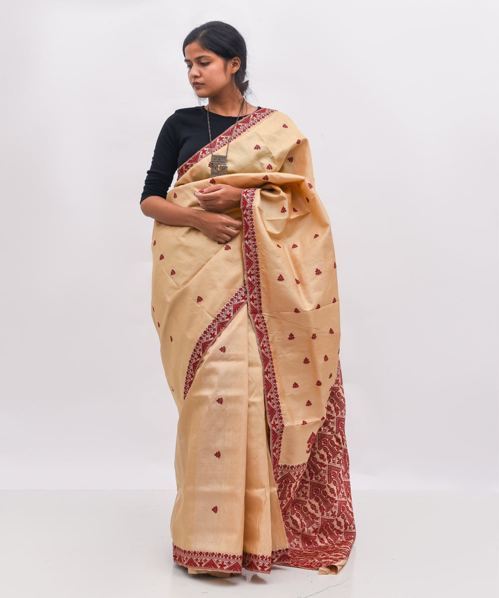 Purbashree beige and maroon handloom tussar muga silk assam saree
