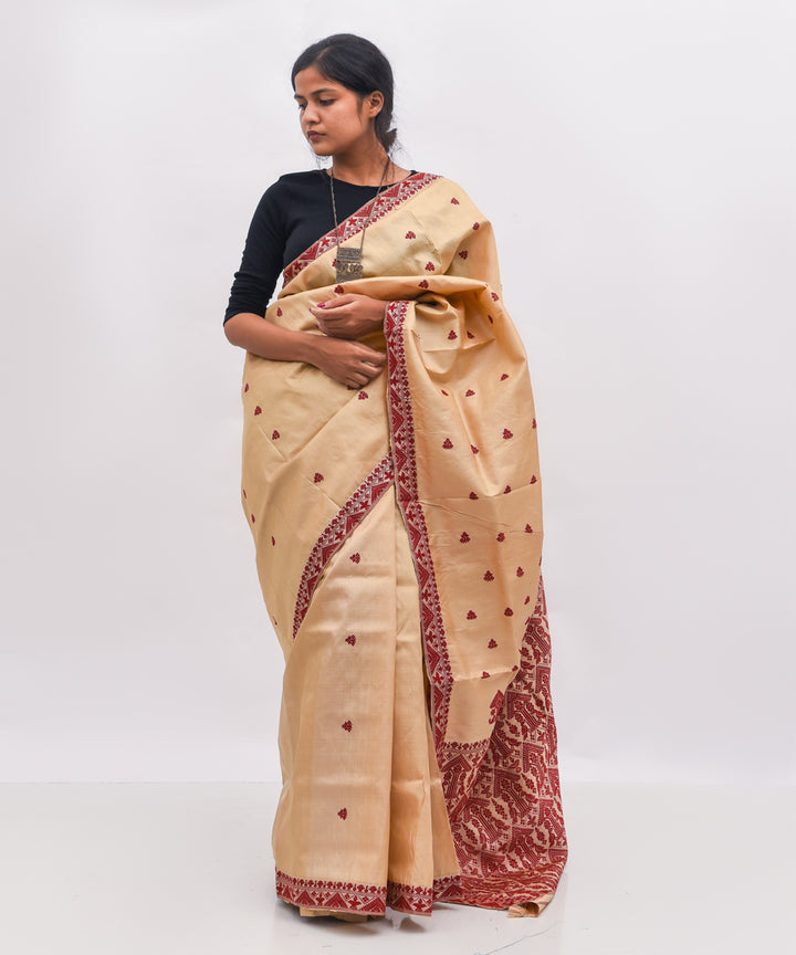 Purbashree beige and maroon handloom tussar muga silk assam saree