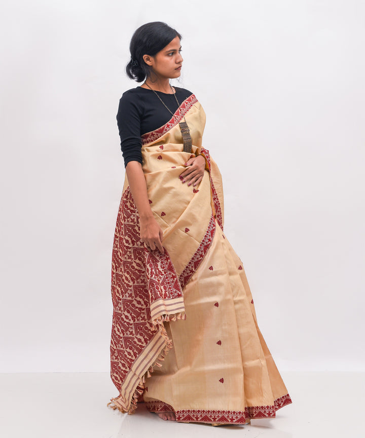 Purbashree beige and maroon handloom tussar muga silk assam saree