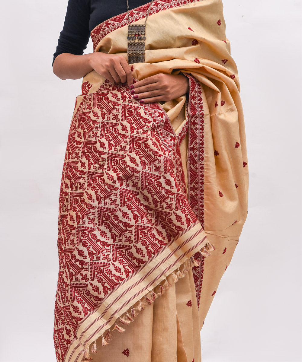Purbashree beige and maroon handloom tussar muga silk assam saree