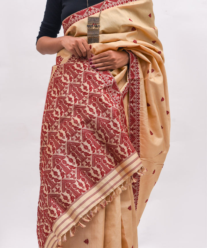 Purbashree beige and maroon handloom tussar muga silk assam saree