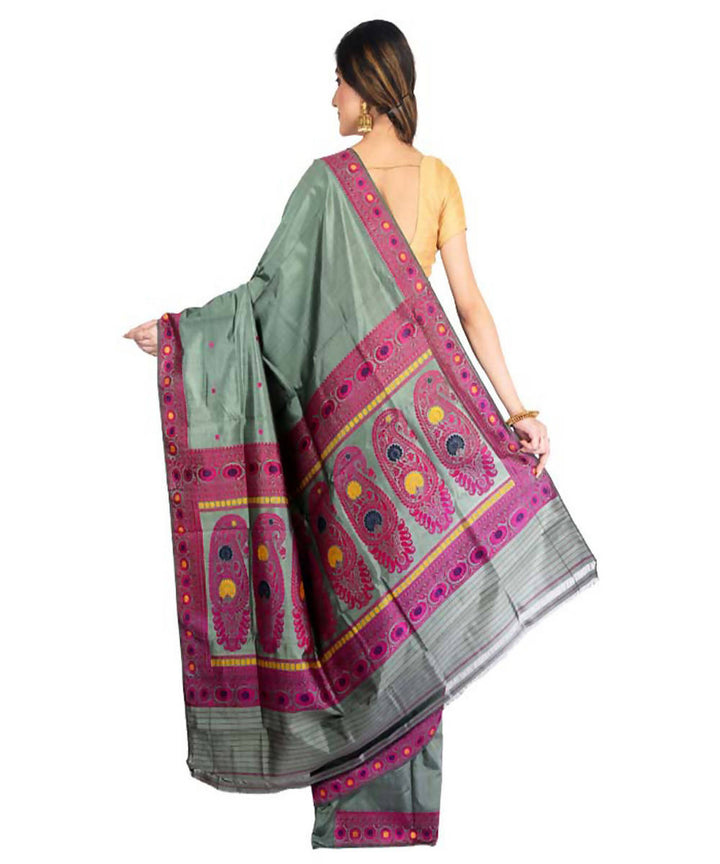 Grey green handwoven baluchari silk saree