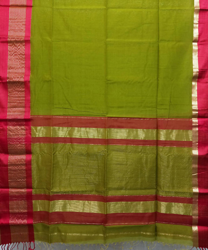 Olive green red handwoven cotton silk maheshwari saree
