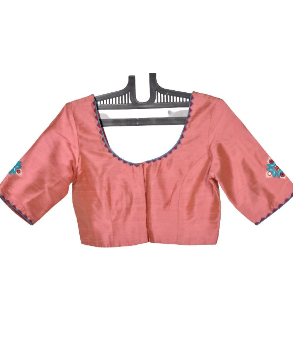 Peach raw silk blouse with mirrow work