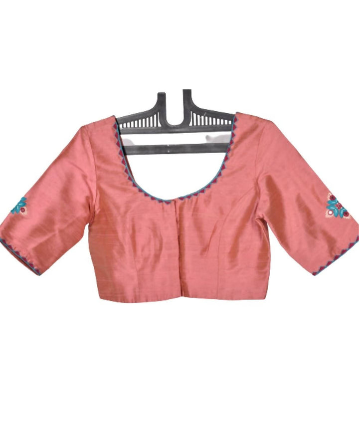 Peach raw silk blouse with mirrow work