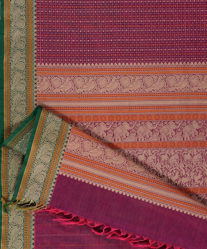 Purple handloom kanchi cotton lakshadeepam saree green lace border