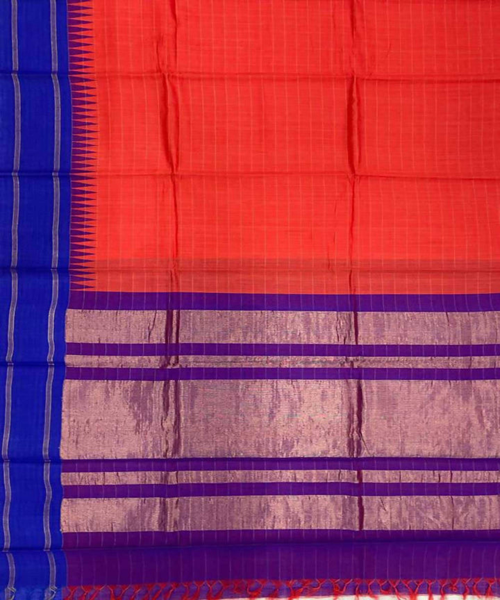 Orange blue handwoven temple border tussar silk saree