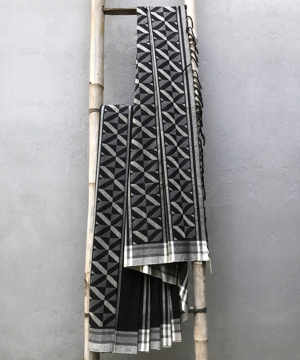 Black white handmade extra weft cotton saree