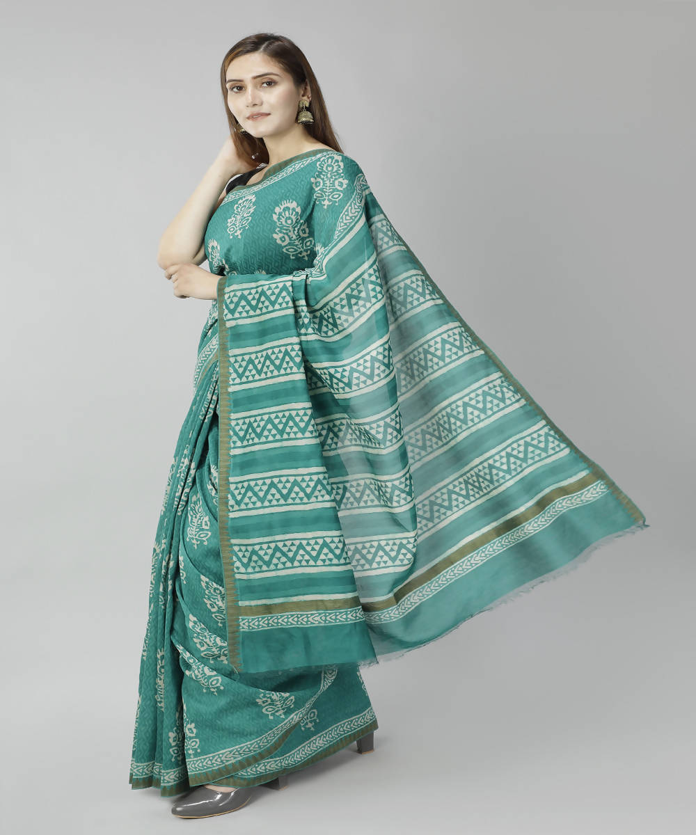 Cyan green bagru handblock printed cotton silk saree