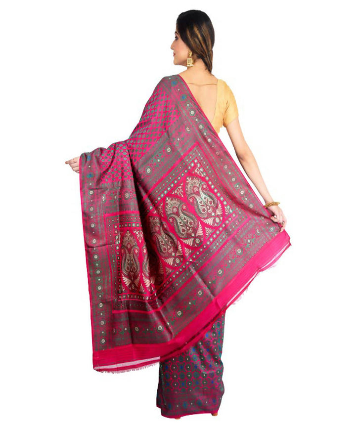 Double shaded fuchsia handwoven baluchari silk saree