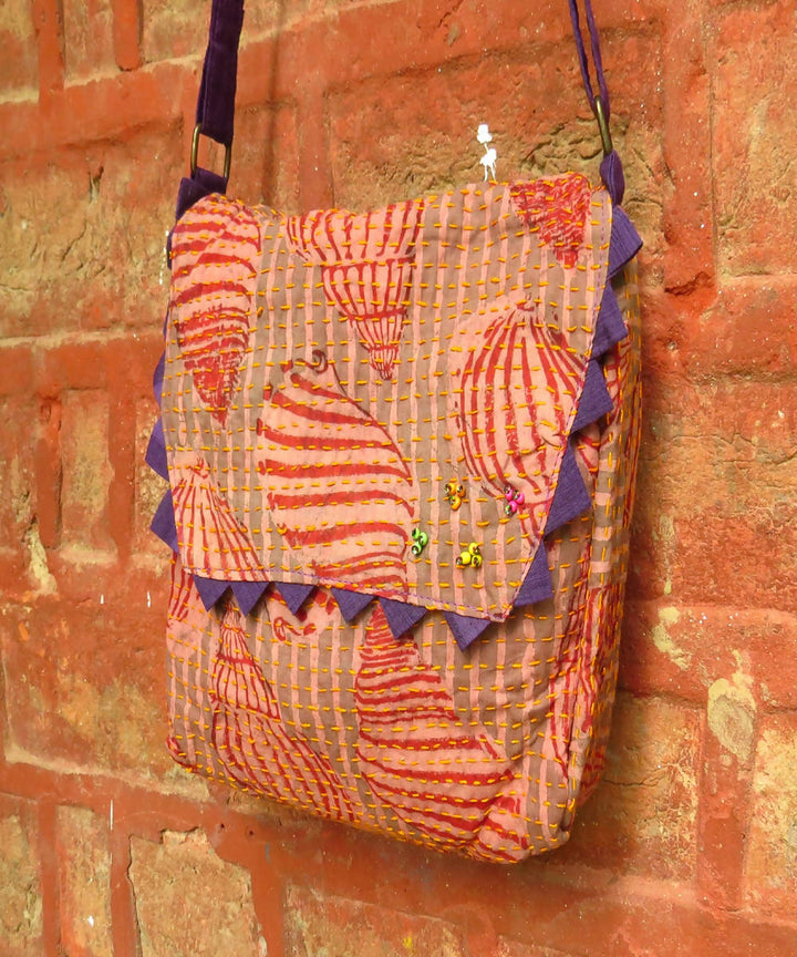 Pink purple vegetable dye with kantha work handmade bag